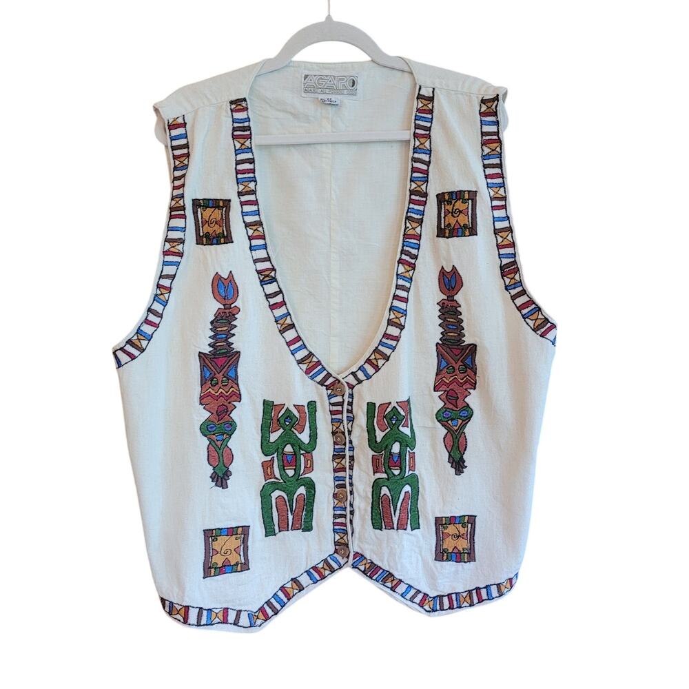 Vintage AGAPO Against All Possible Odds Embroidered Vest Boho Tribal Aztec 3XL